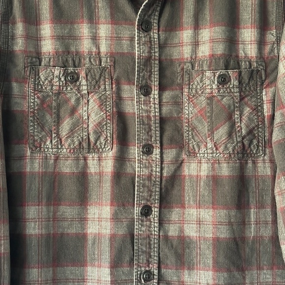 Roots dark grey and burgundy corduroy button down shirt size large may fit small - Picture 4 of 13